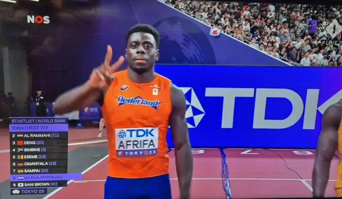 Elvis Afrifa en Job Geerds bij WK in Tokio <h4>Elvis naar halve finale 100 meter</h4>